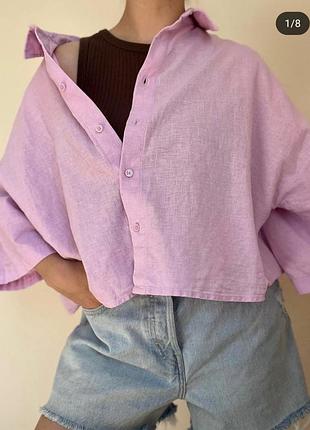 Жіноча бузкова вкорочена сорочка рубашка блуза блузка  льон котон бренд primark, р.14.