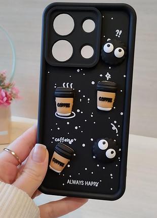 Чехол для xiaomi redmi note 13 4g силиконовый с 3-d наклейками tpu toys case (черный кофе)