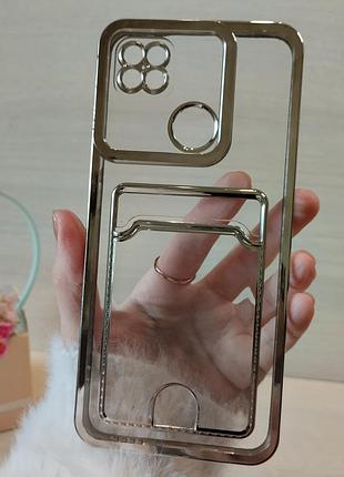Чехол для Iphone se 2 силиконовый прозрачный с серебристой рамкой и карманом под карточки luxury
