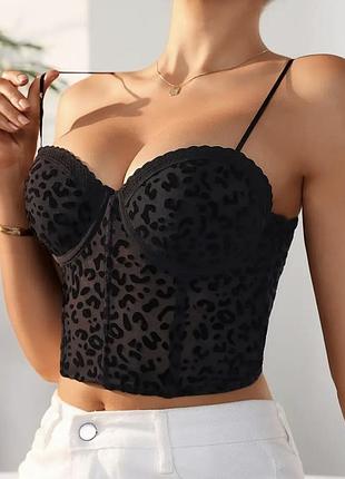 Топ корсет с набивным бархатом на сетке🖤лео принт чашка б/с
