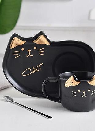 Чашка с блюдцем и ложкой котик. кружка керамическая подарочный набор, сервиз детский с котиком (черный)