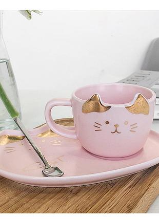 Чашка с блюдцем и ложкой котик. кружка керамическая подарочный набор, сервиз детский с котиком (розовый)