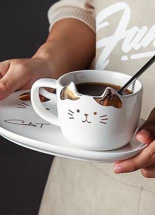Чашка с блюдцем и ложкой котик. кружка керамическая подарочный набор, сервиз детский с котиком (белый)