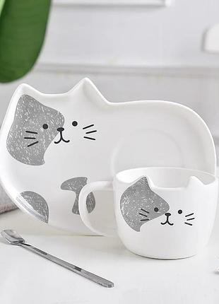 Чашка с блюдцем и ложкой котик. кружка керамическая подарочный набор, сервиз детский с котиком (белый)