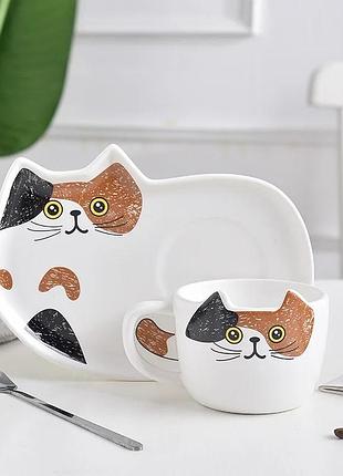 Чашка с блюдцем и ложкой котик. кружка керамическая подарочный набор, сервиз детский с котиком (белый)