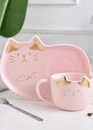 Чашка с блюдцем и ложкой котик. кружка керамическая подарочный набор, сервиз детский с котиком (розовый)