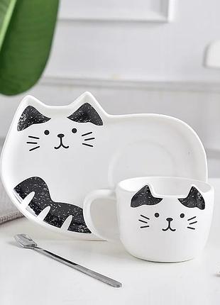 Чашка с блюдцем и ложкой котик. кружка керамическая подарочный набор, сервиз детский с котиком (белый)
