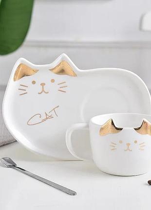 Чашка с блюдцем и ложкой котик. кружка керамическая подарочный набор, сервиз детский с котиком (белый)