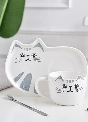 Чашка с блюдцем и ложкой котик. кружка керамическая подарочный набор, сервиз детский с котиком (белый)