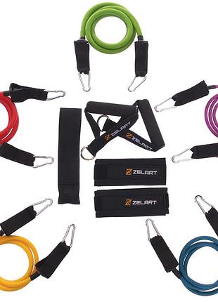 Еспандер багатофункціональний для фітнесу 5 джгутів zelart resistance band fi-2625 у чохлі різнобарвний