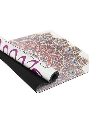 Килимок для йоги замшевий каучуковий record fi-5662-24 розмір 183x61x0,3 см із принтом спокій лотоса бежевий