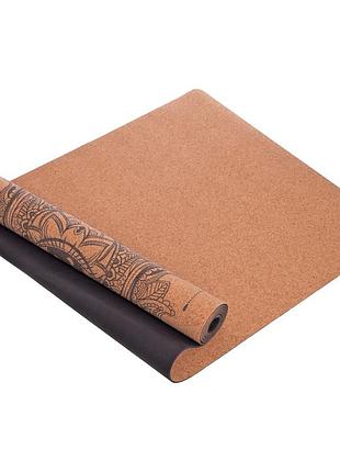 Коврик для йоги пробковый каучуковый yoga mat record fi-7156-6 183x61мx0.4cм с принтом хамса коричневый