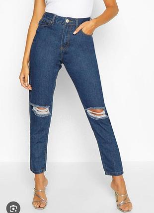 Классные базовые качественные джинсы mom с разрезами на коленях высокая талия