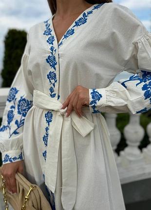 Женское платье вышиванка на пуговицах миди с поясом, платье с вышивкой и длинными рукавами
