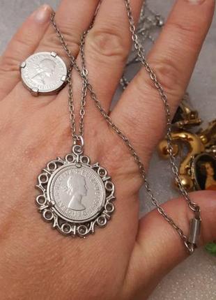 Кулон подвеска монета евлавета 2 британия 70р.на цепочка,антиквариат, винтаж, идеальный