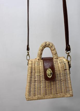 Стильна літня плетена сумка з ротангу зі шкіряною ручкою7 фото