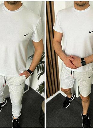 Костюм трійка чоловічий футболка шорти штани комплект базовий білий з сірим чорним