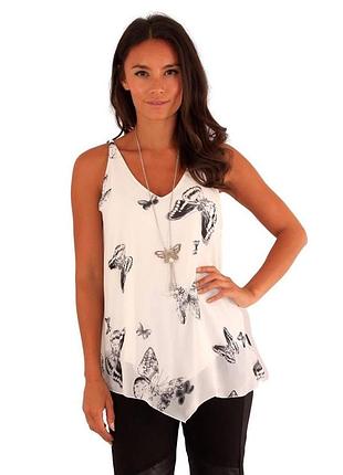 Жіноча біла шифонова блуза-майка з принтом метеликів