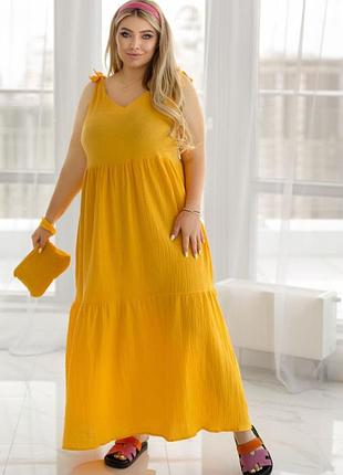 Платье женское макси муслиновое сарафан на бретелях бохо батал с клатчем летнее для беременных жёлтое