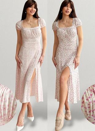 Платье женское летнее штапель миди в цветочный принт приталенное с квадратным декольте и разрезом платья на каждый день белый розовый