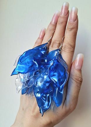 Серьги прозрачн синие листик пластик лёгкие ручн работа листочки кисти