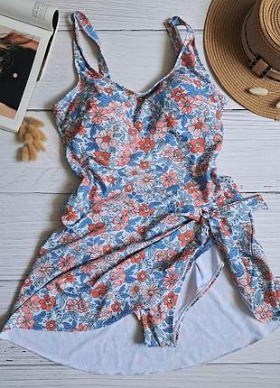 Купальник суцільний плаття пляжна туніка сукня квіти блакитний білий