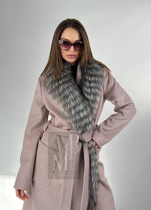 Женское кашемировое длинное пальто с натуральным мехом финской чернобурки, 42-54 размеры