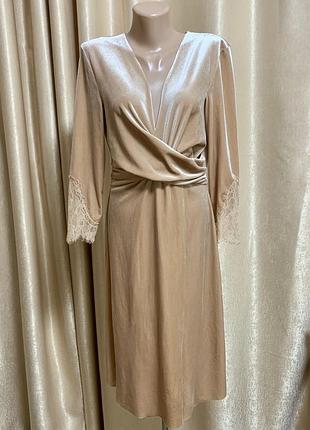Вечірня неймовірня сукня zara basic collection бархат мереживо бежевого кольору розмір l