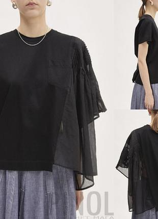 Комбинированная блуза оверсайз  с  ассиметричным рюшем  meimeij