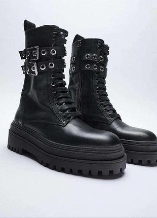 Шкіряні черевики zara на плоскій підошві з ланцюжками