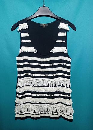 Майка черная декорирована белой бахромой и кружевом размер m l недорого дешев