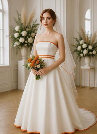 Весельное платье david's bridal с мандариновой окантовкой, фата uv, old money mood5 фото