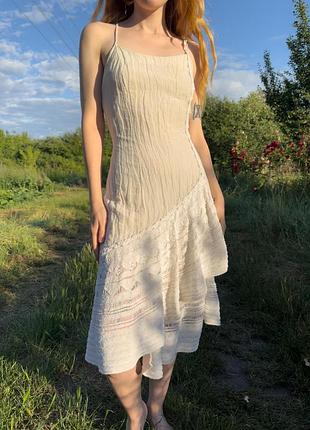 Сукня біла жата вінтажна молочна dik tons вінтаж асиметрична вʼязана літня сарафан міді довга бохо