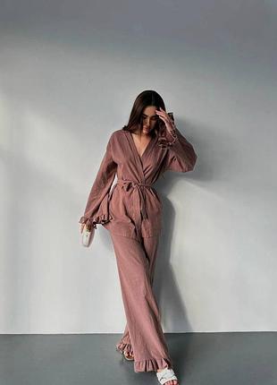 Костюм кимоно брюки пояс цвет : черный, джинс, мокко, розовый