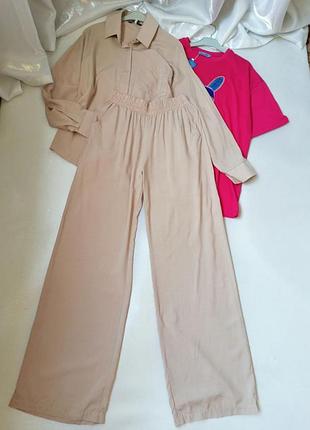 Летний хлопковый костюм рубашка оверсайз длинные брюки палаццо с карманами цвет зелёный розовый фукс