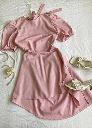 Льняное летнее платье пудрового цвета