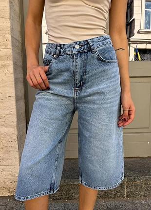 Джинсовые длинные шорты прямого кроя, трендовые шорты багги, багги голубые