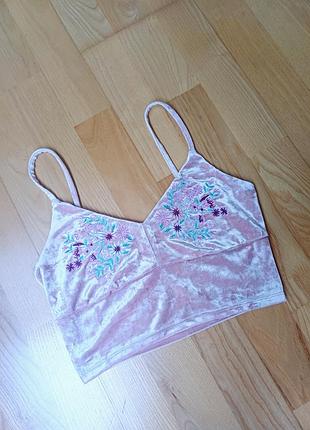 Розовый бархатный топ с вышивкой кроп топ топик маечка