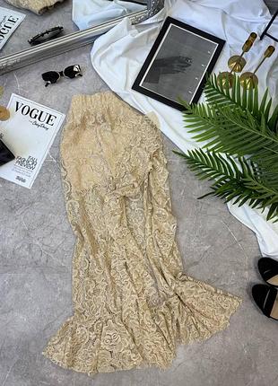 Гипюровая кружевная юбка с шортиками шортами длинная макси разрезом на ноге бежевая