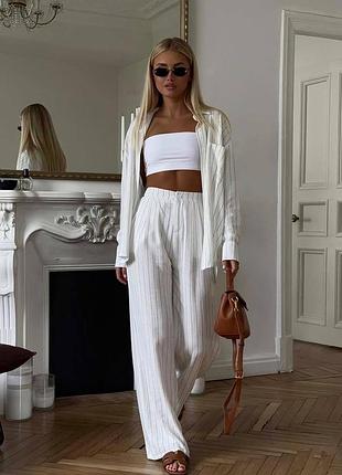 ❤️ шикарный женский легкий костюм молочный полоска полоска полоска молоко белый женний брючный рубашка