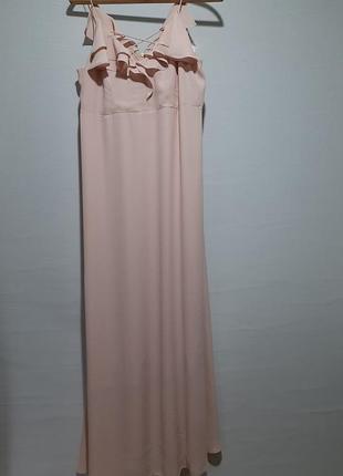 Нежное розовое шифоновое платье макси на бретельках,платье комбинация с воланами жабо,