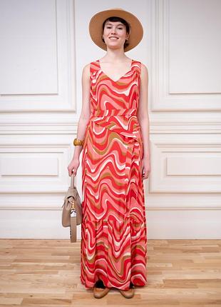 Вискозный сарафан под пояс в красно-бежевую полоску карлоу