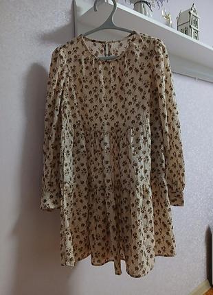 Платье женское цветочное с длинным рукавом sinsay xs бежевое