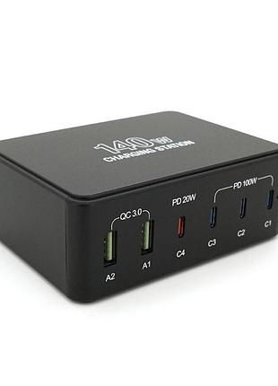 Зарядна станція v-118h потужністю 140w, output: 2usb+4type-c, dc: 5v/3, 9v/3a, 12v/3a, 20v/5a, black