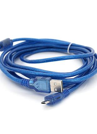 Кабель usb 2.0 (am/miсro 5 pin) 3м, прозорий синій, пакет