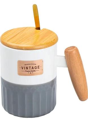 Чашка керамическая с бамбуковой крышкой и ручкой 400 мл серая hp7204g