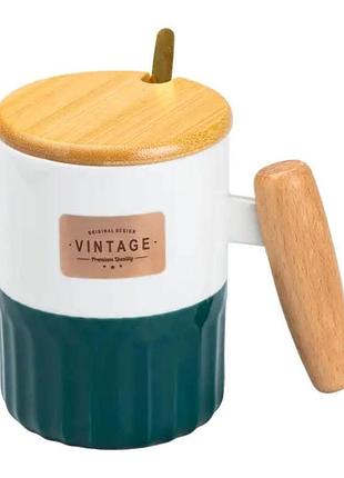 Чашка керамическая с бамбуковой крышкой и ручкой 400 мл зеленая hp7204gr