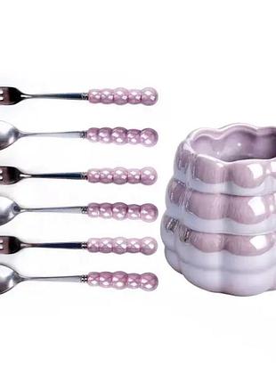 Набір десертних виделок і ложок на 3 персони з підставкою з кераміки 7 предметів фіолетовий hp-20-59