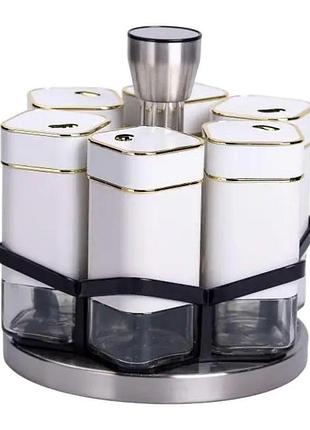 Набір для спецій 6 ємностей карусель для приправ на підставці білий hp-1314