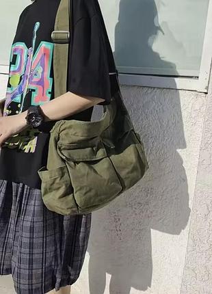 Сумка унісекс темне хакі колір велика харадзюку